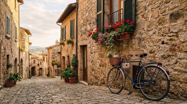 Bicycle on a charming old town street in Europe