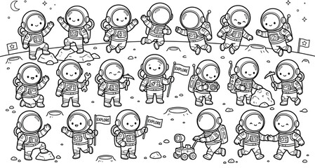 cartoon astronauts in space with flags and tools on moon surface exploration © Mollik