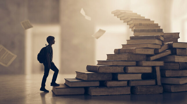 Student walking up stack of books shaped like stairs symbolizing education growth success journey and ambition for back to school learning motivation concept