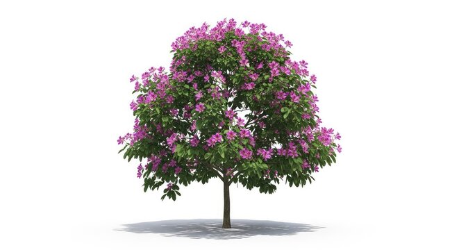 Lush Bauhinia purpurea tree featuring vibrant purple flowers and signature lobed green leaves isolated on a plain white studio background, white background, petals, blooming