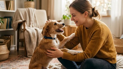 Fototapeta na wymiar A woman sits on the floor with her dog in a living room filled with natural light. They share a joyful moment as she pets the dog and smiles. The space has plants and cozy decor