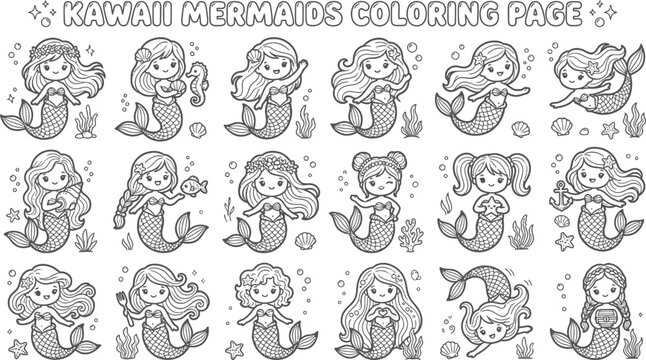 Kawaii mermaids illustrations for coloring pages with various poses and accessories