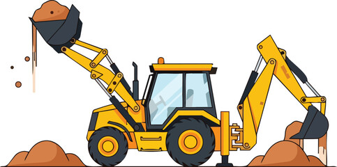 A backhoe loader digs and loads dirt with its bucket in a construction site environment. © faisalaladabi