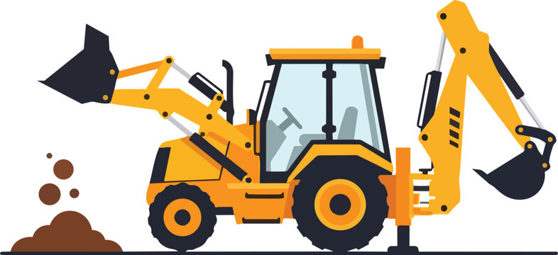 A yellow backhoe loader digs into a pile of dirt on a construction site with heavy machinery.