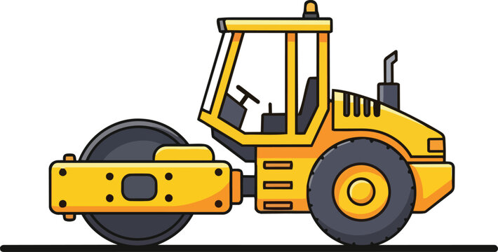 An illustration of a yellow road roller driving on a straight road