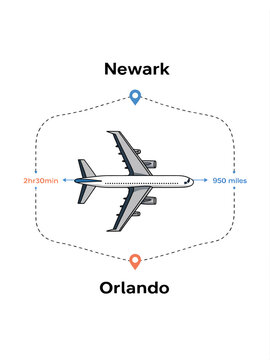 Airplane flying from Newark to Orlando with travel distance and time