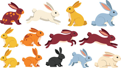 Obraz premium Colorful Flat Cartoon Rabbit and Bunny Character Set in Various Poses for Easter, Kids, and Animal Design Projects