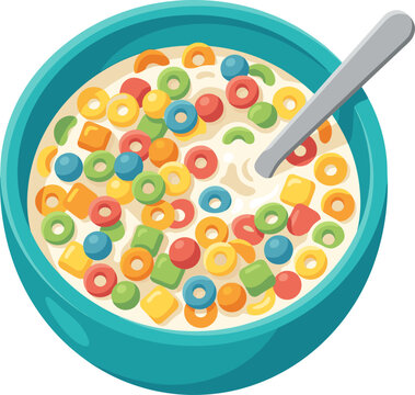 Colorful fruity cereal loops and puffs in a teal bowl with milk