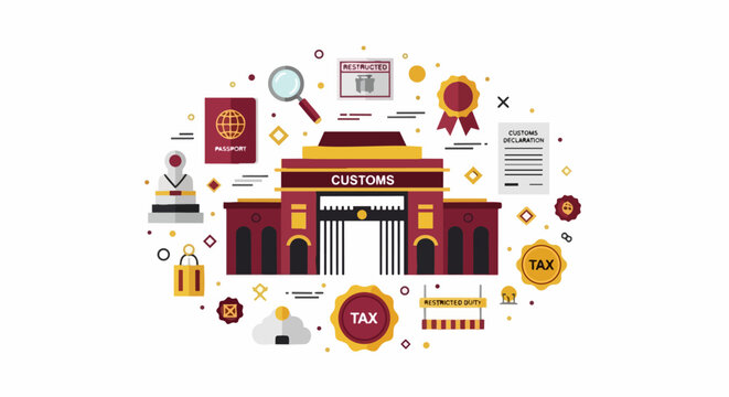 Global Customs and Border Control Vector Concept with Passport, Tax Stamps, Import-Export Logistics Icons, and International Trade Regulations