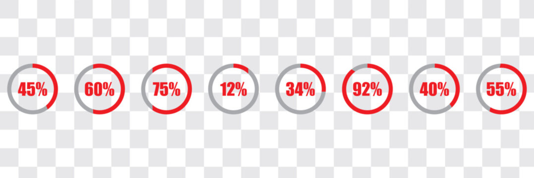 Complete circular progress ring chart from 1% to 100% in colorful segments. Flat design loading data interface elements. Vector illustration on white background.