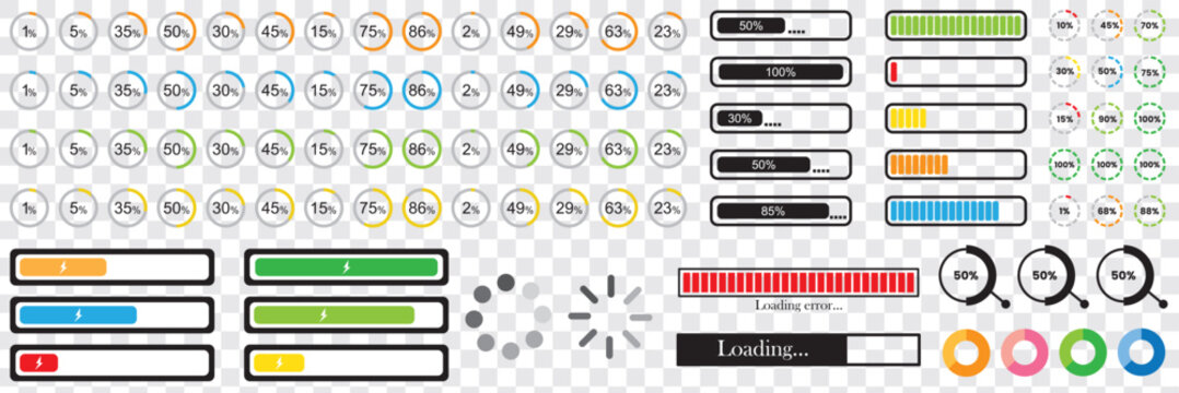 Percentage loading icons. Set of 1% to 100% circular progress indicators in black. Progress bars. Pie charts indicator. Round graph loading progress set. Vector illustration.