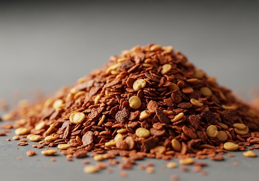 A close-up of a rustic heap of dried aleppo pepper flakes with scattered seeds on a neutral gray stone background for culinary seasoning and spices
