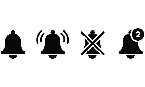 Notification alert and bell status icons for digital interface design showing various alert states including silent and unread messages
