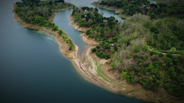 Aerial Drone View of Kaptai Lake Bangladesh with Green Hills and Blue Water 4k