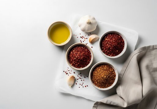 A top-down view of bowls filled with aleppo pepper flakes, golden olive oil, and fresh garlic cloves arranged on white parchment paper for gourmet cooking.