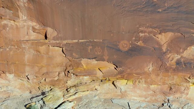 Aerial video of the Wolfman Panel Petroglyph, along Butler Wash, near Bluff, Utah, USA.