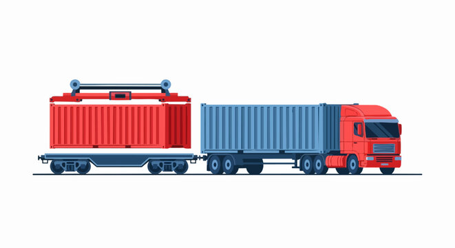 Intermodal Freight Logistics Illustration with Red Semi Truck and Railway Cargo Container on White Background