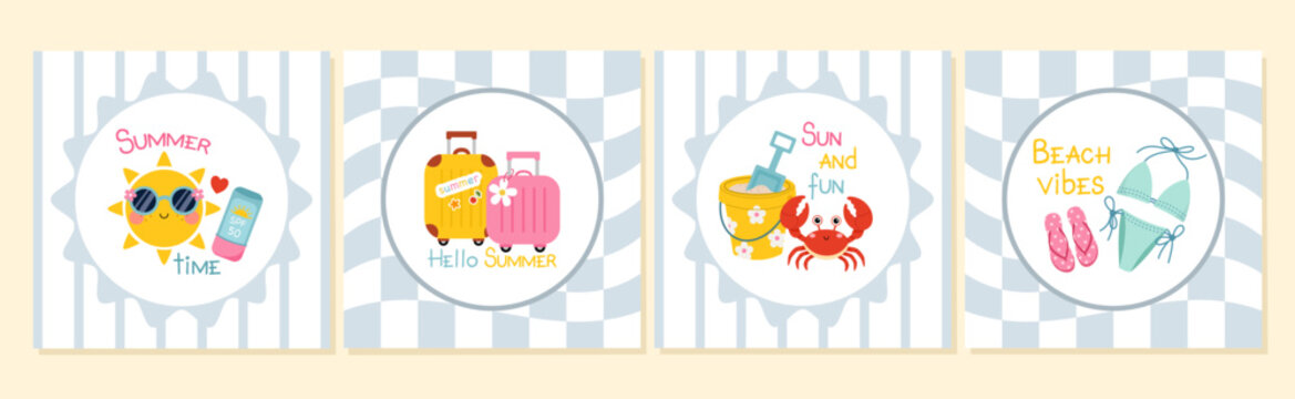 Сute summer cards set. Crub with bucket, bikini and flip flops, travel suitcases, happy sun with sunglasses. Beach vibes adorable posters collection. Flat vector illustration.