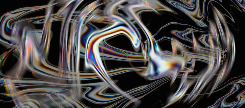 Abstract holographic liquid metal background with iridescent chrome waves, futuristic fluid distortion texture, modern dark wallpaper for design and branding