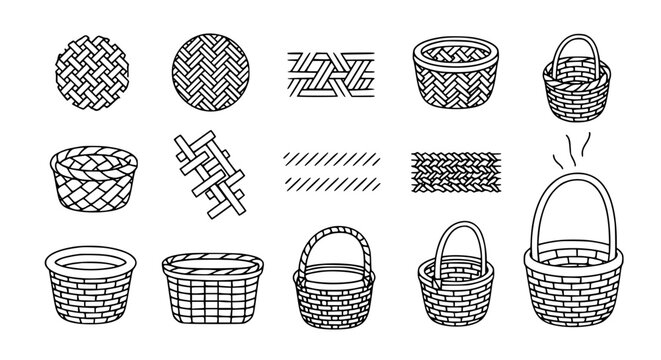 Collection of wicker basket line icons and weaving patterns featuring picnic baskets storage containers and traditional rattan texture for craft and home vector illustration.