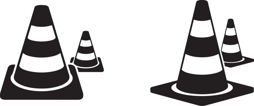Two black and white traffic cones of differing sizes are displayed. silhouette vector illustration