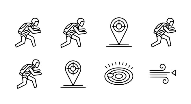 Skydiver landing sequence icons featuring jumping posture target location pins landing zone markers and wind direction symbols for extreme sports training vector illustration.