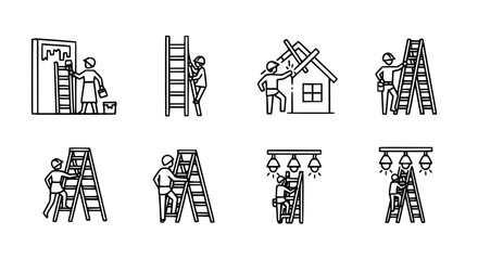Home renovation and construction worker line icon set featuring professional contractors using ladders for painting roofing and electrical lighting installation vector illustration. © Sujon Shah