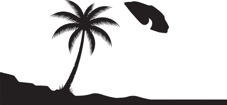 Black silhouette of a palm tree and a moonbow over a landscape night des