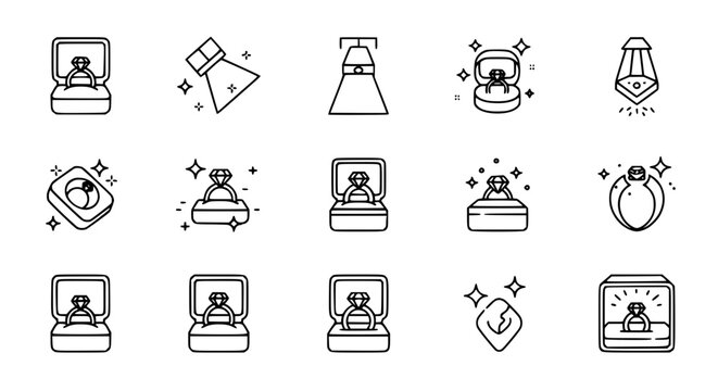 Luxury diamond engagement ring in jewelry box and wedding dress line icon set for marriage proposal and bridal fashion vector illustration.