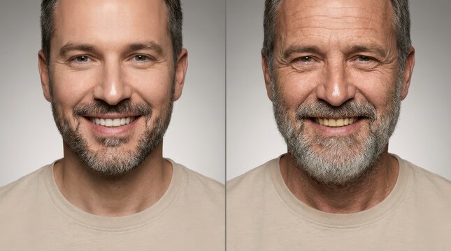 Split image showing same man at different ages comparison portrait young versus old facial aging process beard.