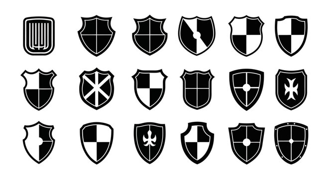 Collection of 20 black and white heraldic shield icons with various designs and patterns on white background