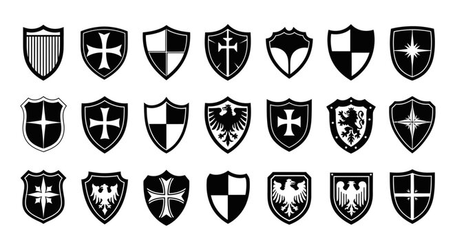Heraldic shields with crosses and symbols in black and white medieval coat of arms elements