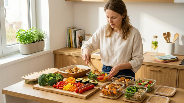 Woman preparing healthy meal prep in glass containers with fresh vegetables and chicken in modern kitchen. A bright, clean, and organized kitchen encourages healthy living and meal planning.