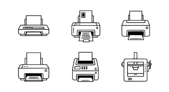 Comprehensive set of office printer and 3D printing line icons featuring inkjet machines, laser printers, document scanners, and additive manufacturing hardware vector illustration.