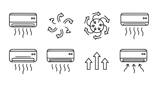 Air conditioner airflow and ventilation direction icons featuring split AC units with cold air stream and circulation arrows for climate control vector illustration.