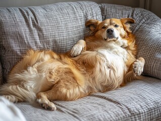 Obraz premium Relaxed Dog Lounging Comfortably on Gray Couch with Soft Blanket