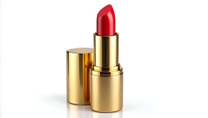 Obraz premium Elegant Red Lipstick with Golden Tube and Cap on White Background.
