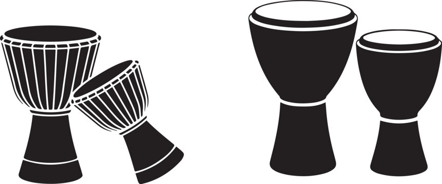 Two traditional djembe drums in a black and white illustration. silhouette vector illustration