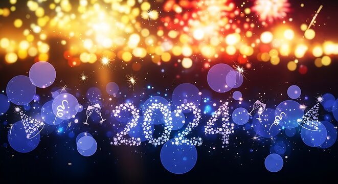 Glowing 2024 text with fireworks, confetti, champagne glasses, and party hats
