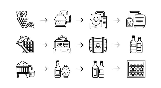Winemaking and alcohol production process sequence line icons showing grapes, fermentation tanks, barrels, bottling, and storage cellar for brewery industry vector illustration.