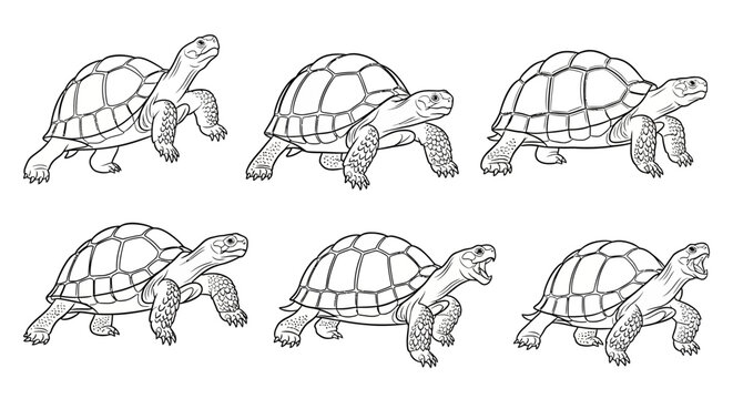 Turtle illustration set, walking tortoise sketches for animal design projects