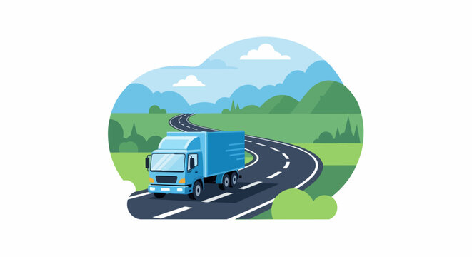 Blue Delivery Truck Driving on Winding Mountain Road Vector Illustration - Logistics and Freight Transportation Concept