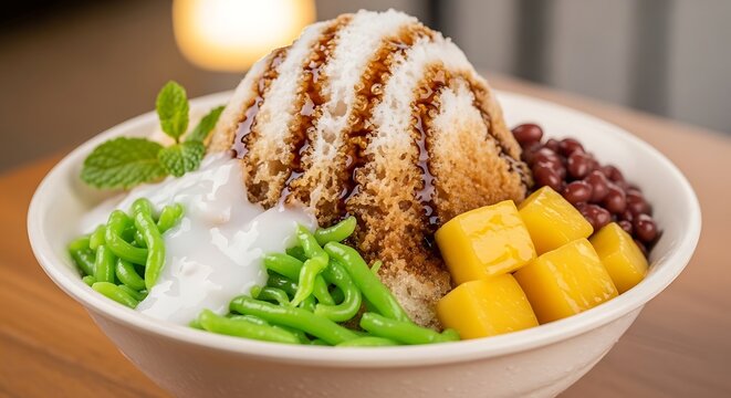 Refreshing ice dessert with shaved ice brown sugar red beans and mango.