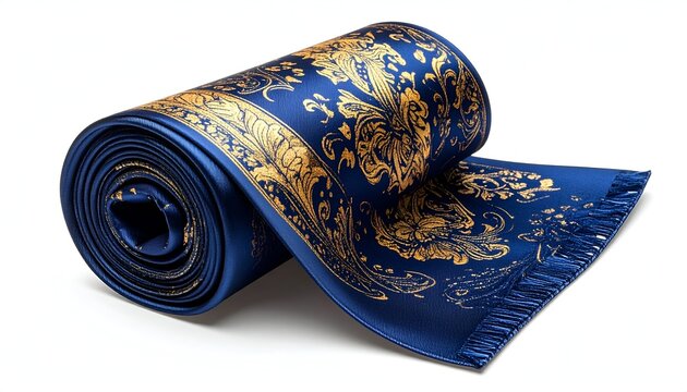 Rolled Blue and Gold Ornate Fabric with Intricate Floral Designs.