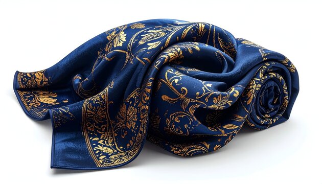 Elegant Blue Silk Scarf with Intricate Gold Pattern, Rolled and Displayed.