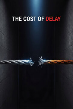 Cinematic vertical shot of a frayed steel cable snapping with sparks in a dark hall, featuring the text 'THE COST OF DELAY' to represent business risk, failure, and critical breaking points.