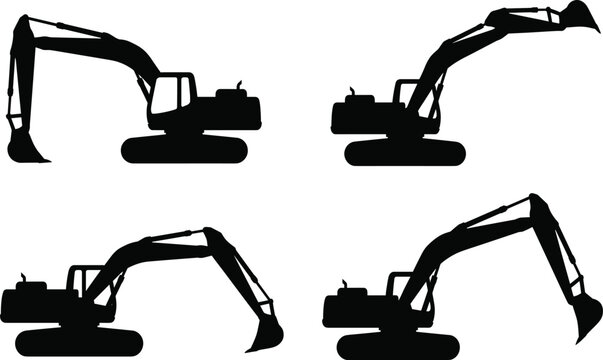 Vector excavator silhouettes showing different arm positions and heavy construction machinery designs for industrial projects