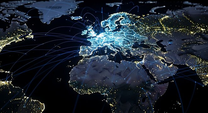 Global network of light trails connects continents on illuminated world map