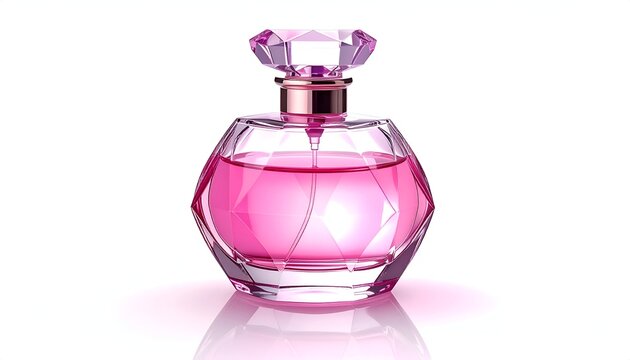Elegant pink perfume bottle with faceted glass design and crystal stopper.
