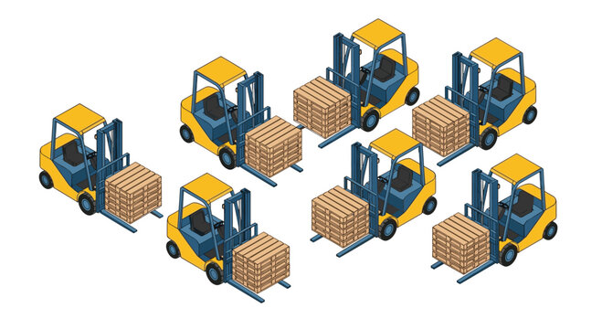 A uniform formation of identical yellow forklifts each carrying a large wooden pallet loaded with stacked cardboard boxes across a bright white studio background.